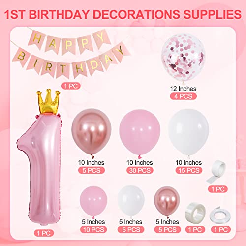 Funmilies Baby Girl First Birthday Decorations - Pink Balloon Arch Kit with Number 1 Crown, Rose Gold, and Happy Birthday Banner