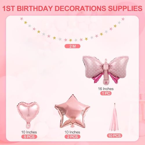 Funmilies Baby Girl First Birthday Decorations - Pink Balloon Arch Kit with Number 1 Crown, Rose Gold, and Happy Birthday Banner