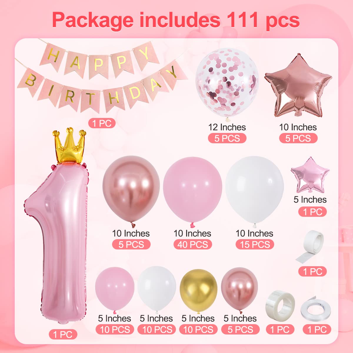 Funmilies Pink Balloon Arch Kit for First Birthday Girl – 16.6ft Banner, 36in Number 1 Crown Balloon with Rose Gold Confetti