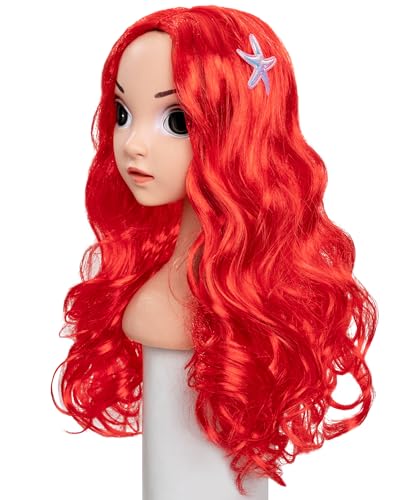 Funna Mermaid Wig for Girls - Long Curly Red with Starfish Hairpins - Costume Accessories