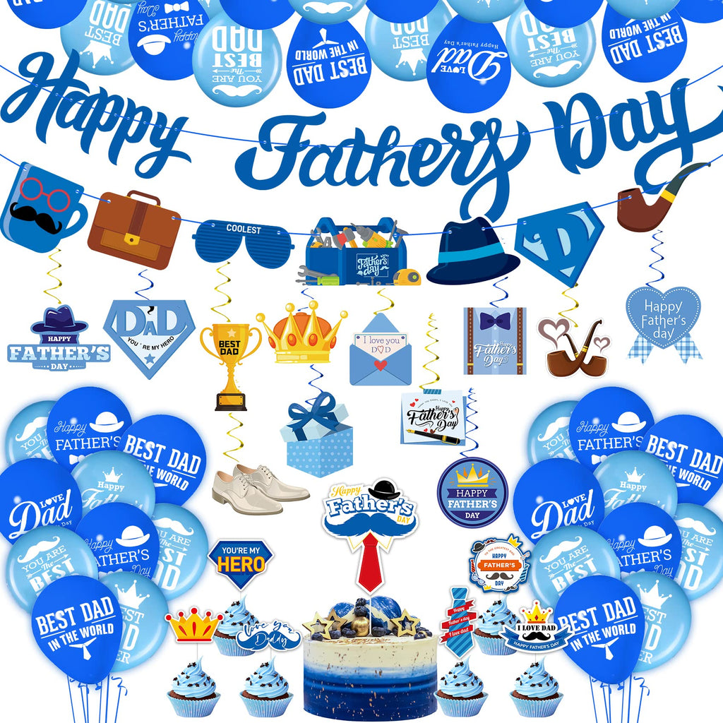 Funnlot 64-Piece Father's Day Decoration Set with Banner, Cake Topper, Balloons & Ceiling Hangings - Red, Mint, Dark Blue & Gold
