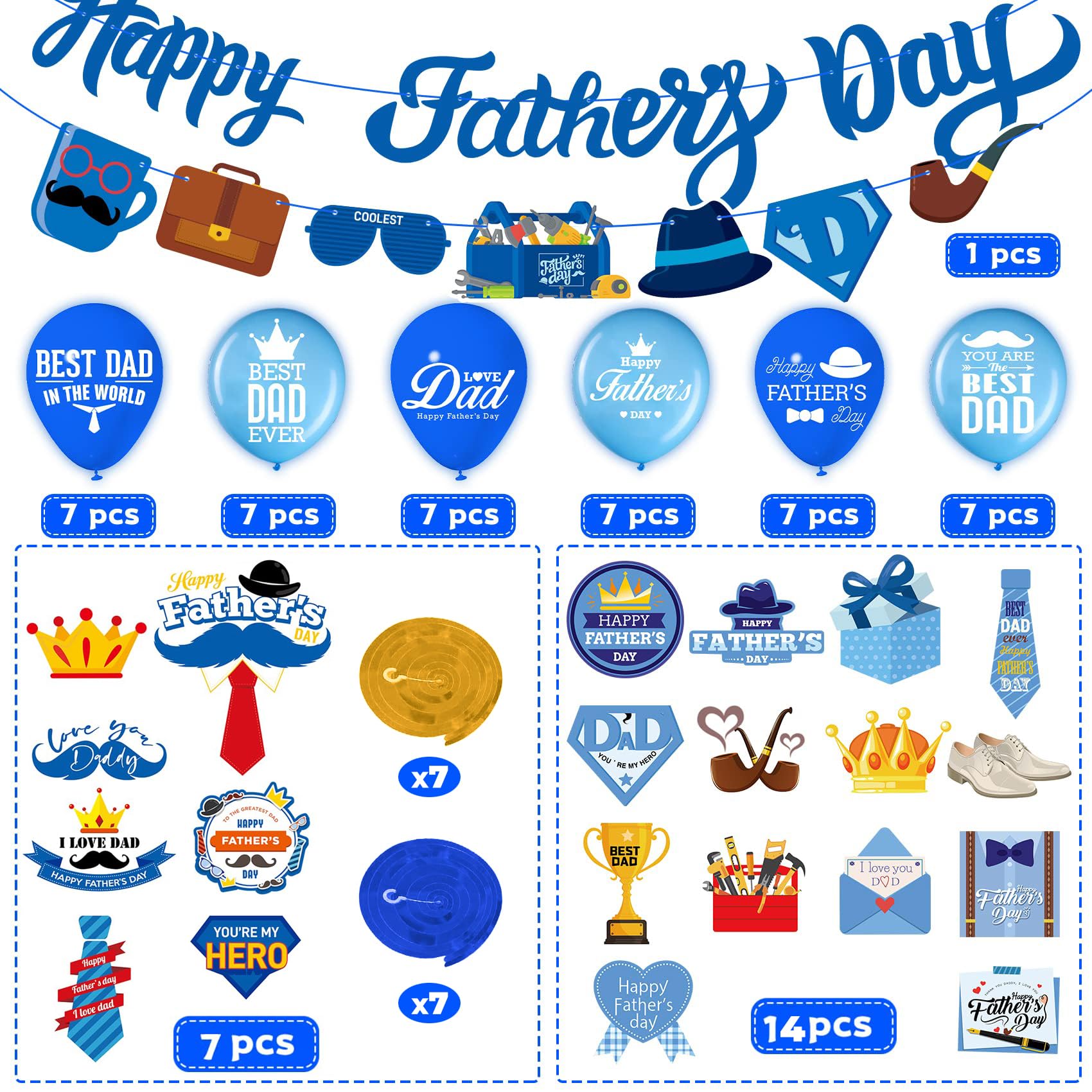 Funnlot 64-Piece Father's Day Decoration Set with Banner, Cake Topper, Balloons & Ceiling Hangings - Red, Mint, Dark Blue & Gold