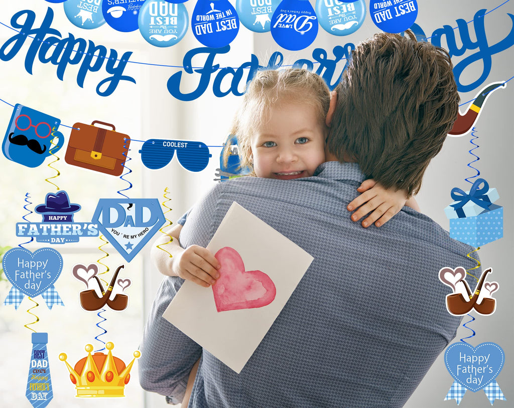 Funnlot 64-Piece Father's Day Decoration Set with Banner, Cake Topper, Balloons & Ceiling Hangings - Red, Mint, Dark Blue & Gold
