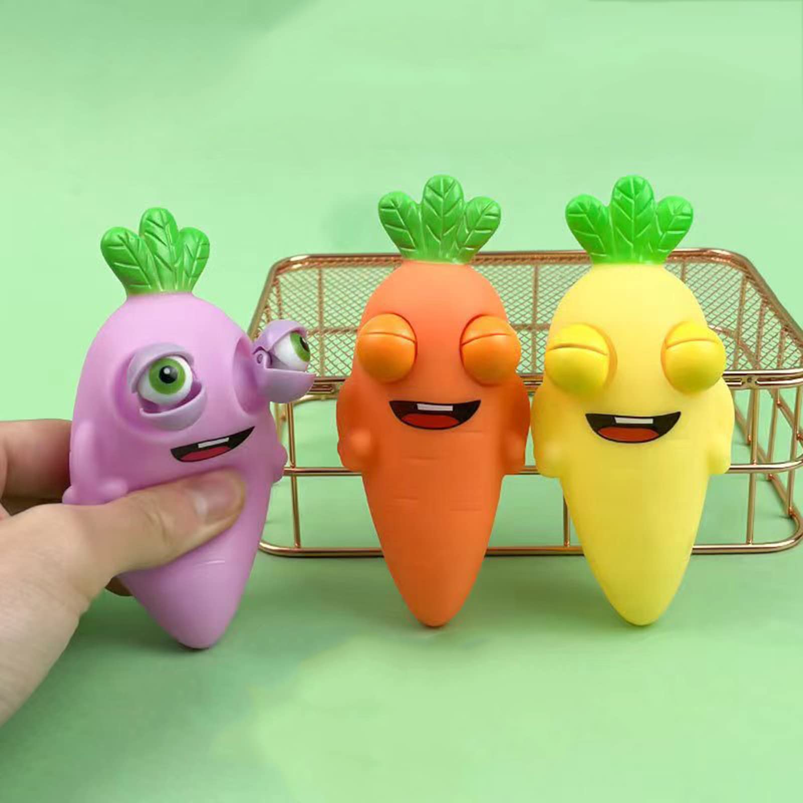 Funny Pop-Out Stress Squeeze Toys 4 Pack – Cute Radish Fidget Toy with Sticking Eyes for Stress Relief, Easter Gift for Adults and Kids