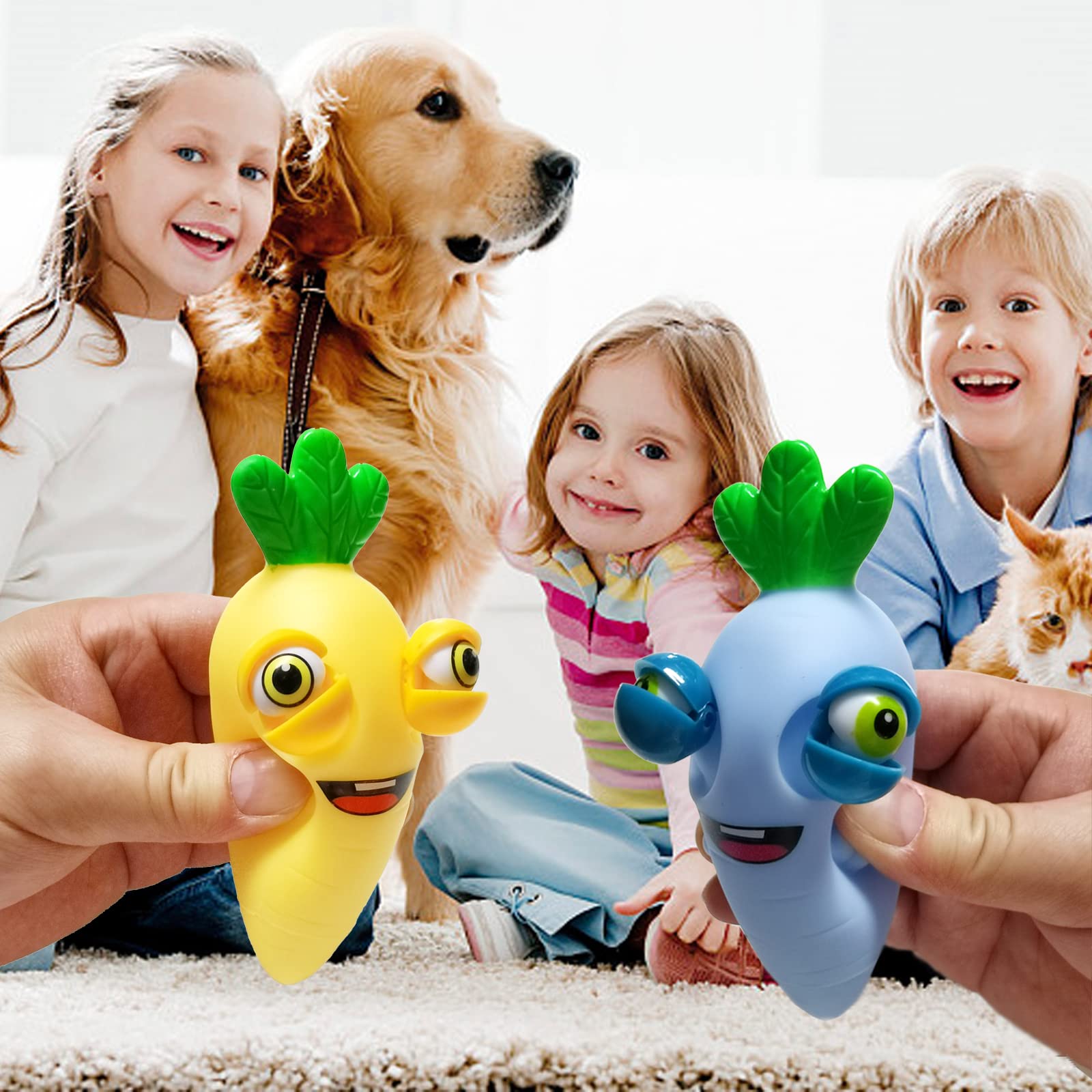 Funny Pop-Out Stress Squeeze Toys 4 Pack – Cute Radish Fidget Toy with Sticking Eyes for Stress Relief, Easter Gift for Adults and Kids