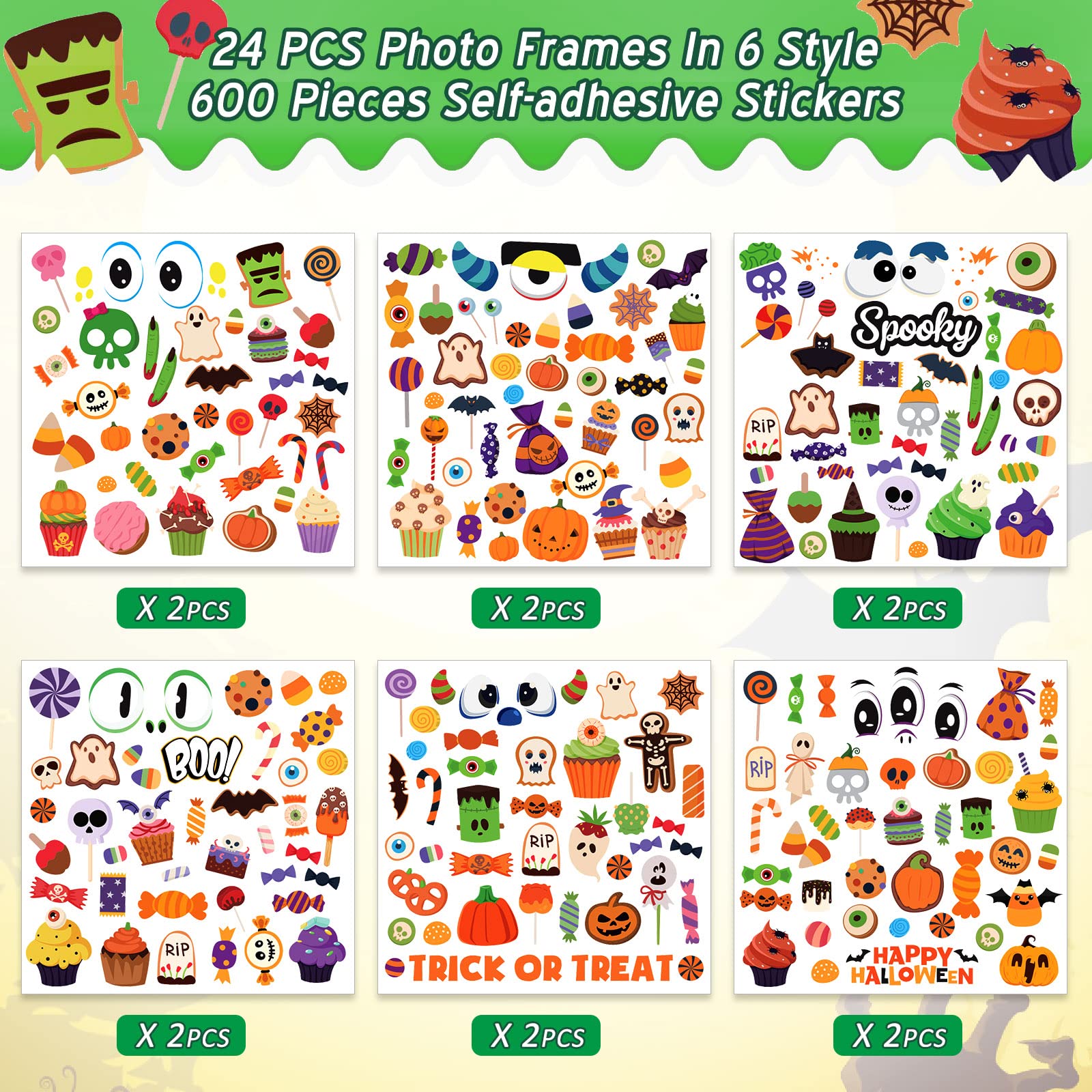 Funrous 24-Pack Halloween Paper Picture Frame Craft Kit with Stickers – DIY Cartoon Photo Frames for Party Decor