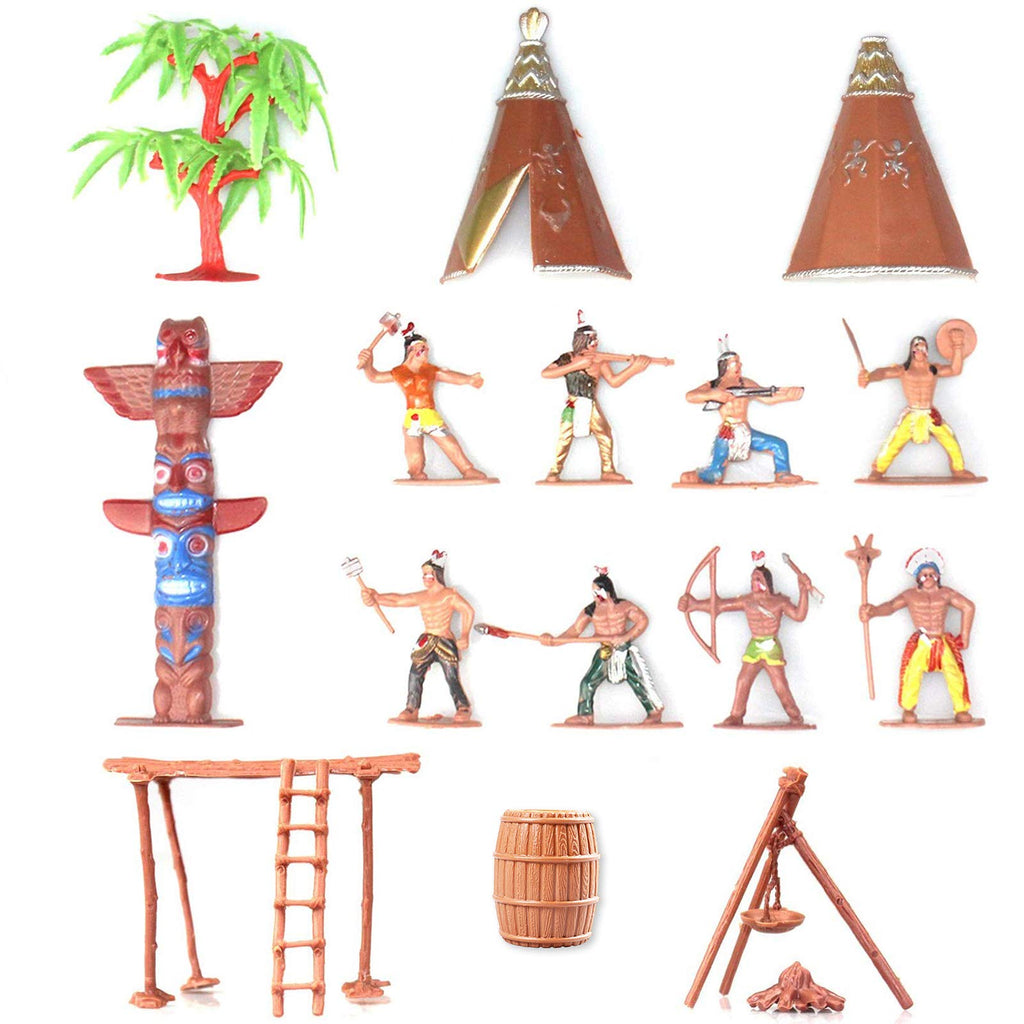 FUNSHOWCASE Native American Indian Figures Set of 15 – Miniature Toys for Dioramas, Sandbox, Fairy Gardens & Cake Toppers