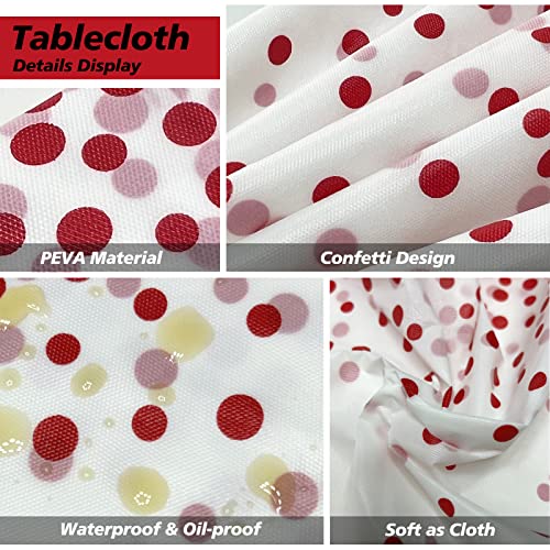 FUNTOOB 4-Pack White Plastic Tablecloth with Red Dots - 54x108 Inch Disposable Waterproof Party Table Cover for Baby Shower, Gender Reveal, Birthday
