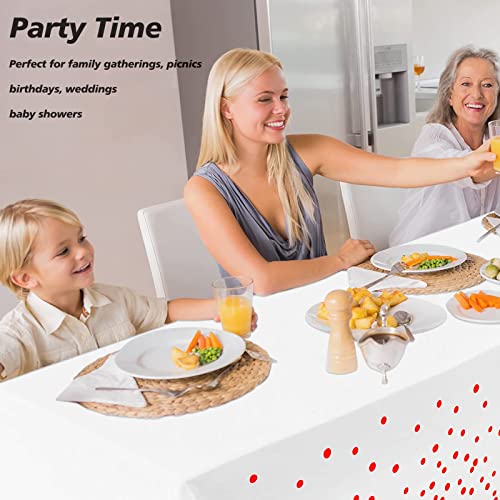 FUNTOOB 4-Pack White Plastic Tablecloth with Red Dots - 54x108 Inch Disposable Waterproof Party Table Cover for Baby Shower, Gender Reveal, Birthday