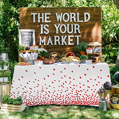 FUNTOOB 4-Pack White Plastic Tablecloth with Red Dots - 54x108 Inch Disposable Waterproof Party Table Cover for Baby Shower, Gender Reveal, Birthday