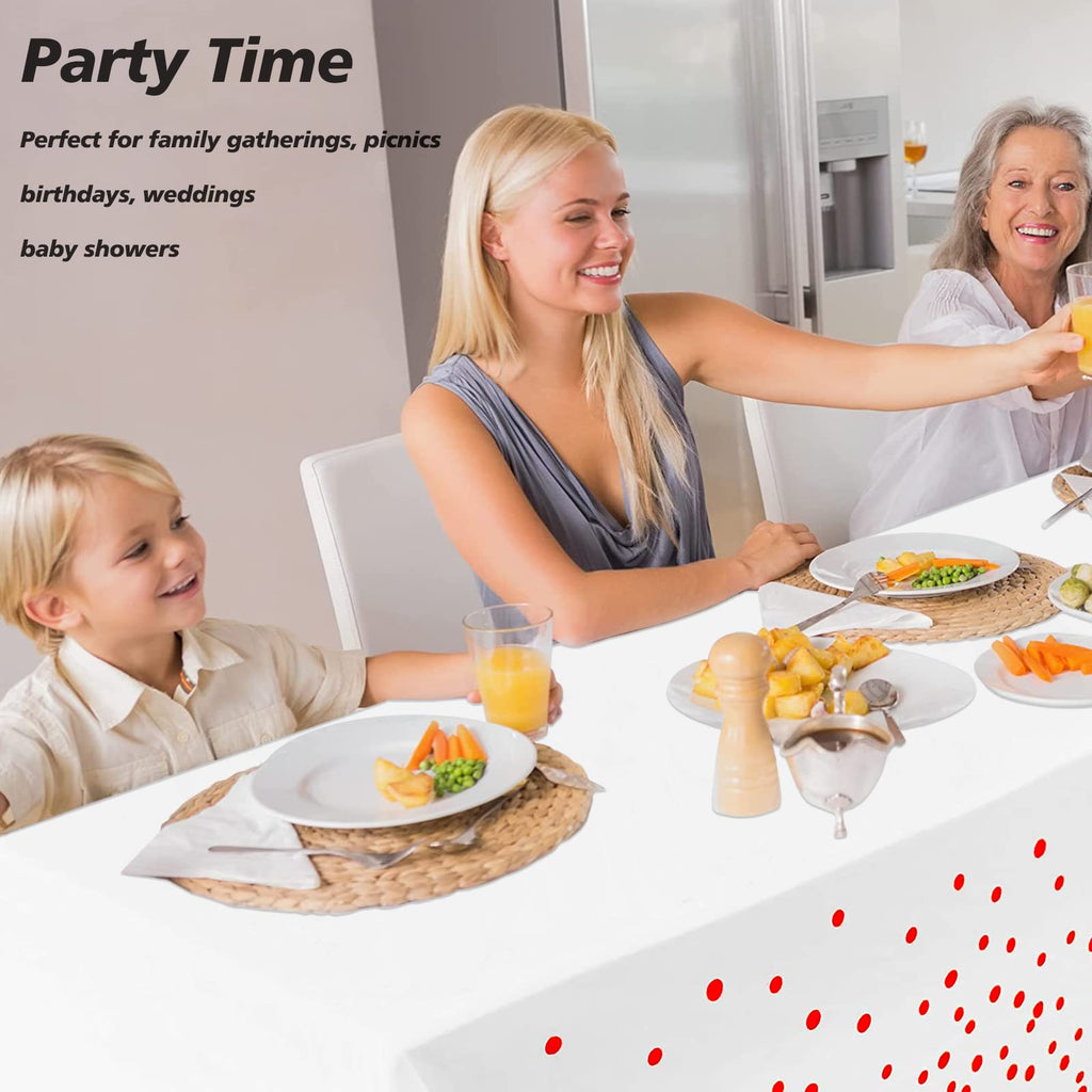 FUNTOOB 4-Pack White Plastic Tablecloth with Red Dots - 54x108 Inch Disposable Waterproof Party Table Cover for Baby Shower, Gender Reveal, Birthday