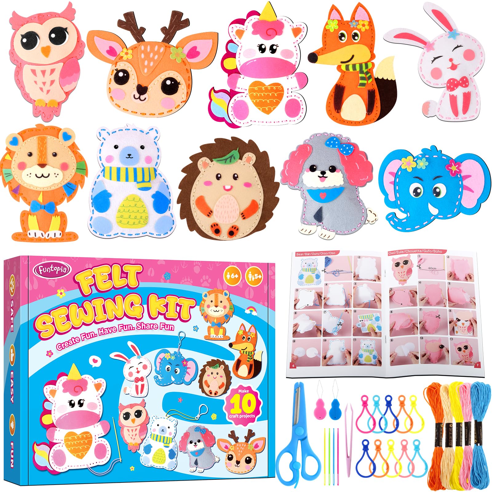 Funtopia Sewing Kit for Kids: 10 Easy Felt Animal Projects with Step-by-Step Guide – Beginner Sewing Craft for Ages 5-12