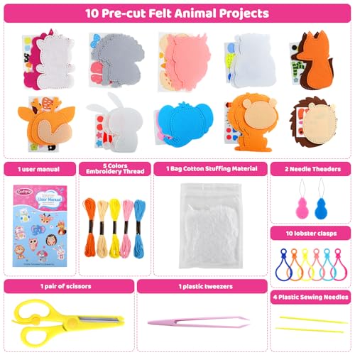 Funtopia Sewing Kit for Kids: 10 Easy Felt Animal Projects with Step-by-Step Guide – Beginner Sewing Craft for Ages 5-12
