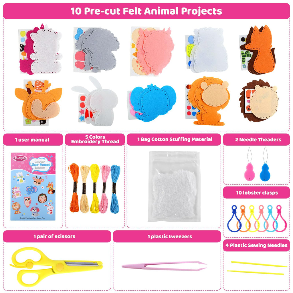 Funtopia Sewing Kit for Kids: 10 Easy Felt Animal Projects with Step-by-Step Guide – Beginner Sewing Craft for Ages 5-12