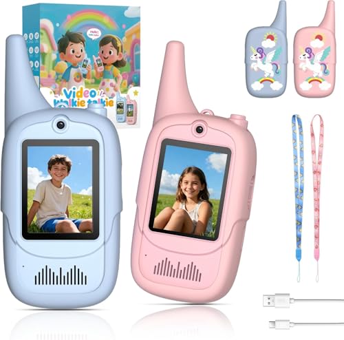 FUNYKICH Kids Video Walkie Talkies – 2 Pack with Unicorn Cases, Rechargeable, 350m Range, Voice Changer, for Ages 3-12