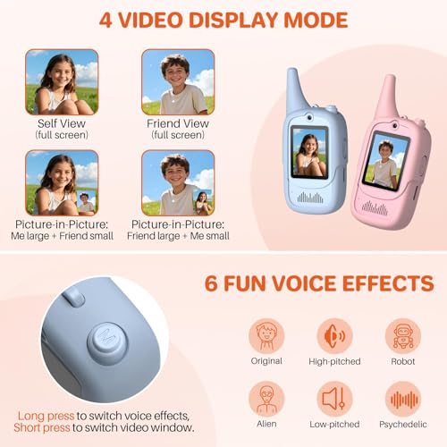 FUNYKICH Kids Video Walkie Talkies – 2 Pack with Unicorn Cases, Rechargeable, 350m Range, Voice Changer, for Ages 3-12
