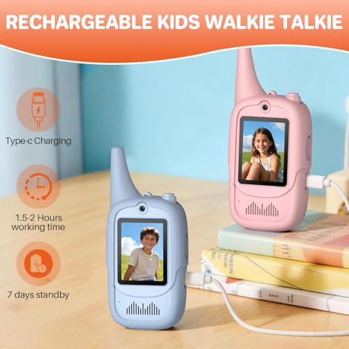 FUNYKICH Kids Video Walkie Talkies – 2 Pack with Unicorn Cases, Rechargeable, 350m Range, Voice Changer, for Ages 3-12