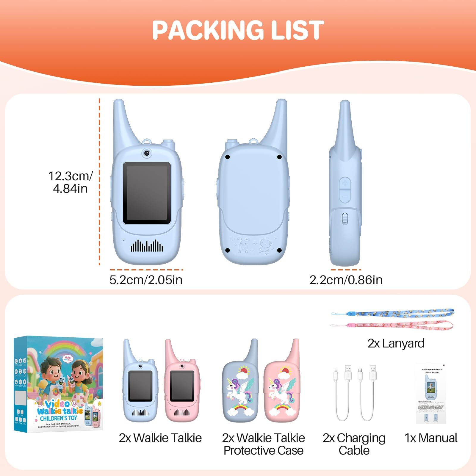 FUNYKICH Kids Video Walkie Talkies – 2 Pack with Unicorn Cases, Rechargeable, 350m Range, Voice Changer, for Ages 3-12