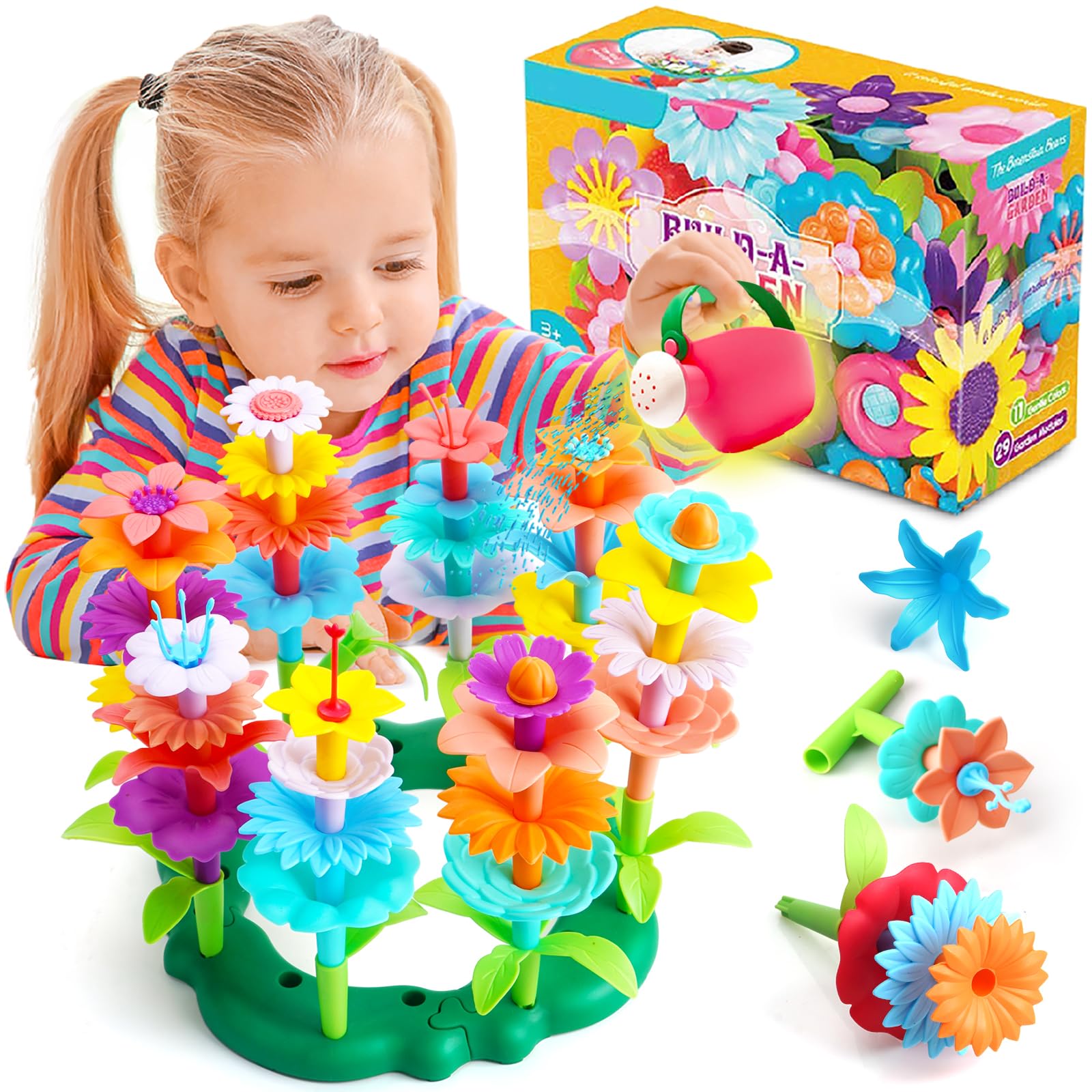 FUNZBO 46-Piece Flower Garden Building Toy Set – STEM Sorting & Stacking for Girls Ages 3-8
