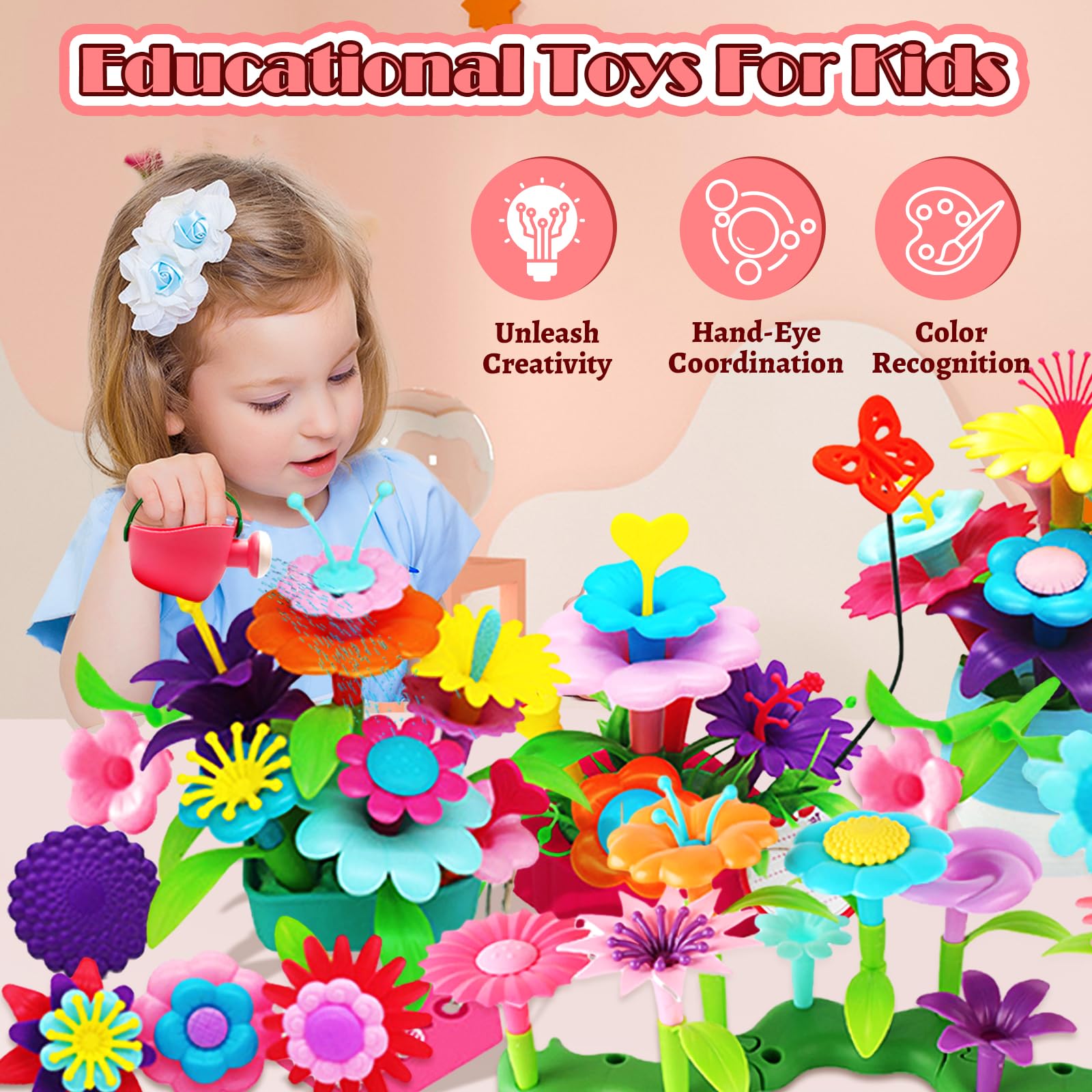 FUNZBO 46-Piece Flower Garden Building Toy Set – STEM Sorting & Stacking for Girls Ages 3-8