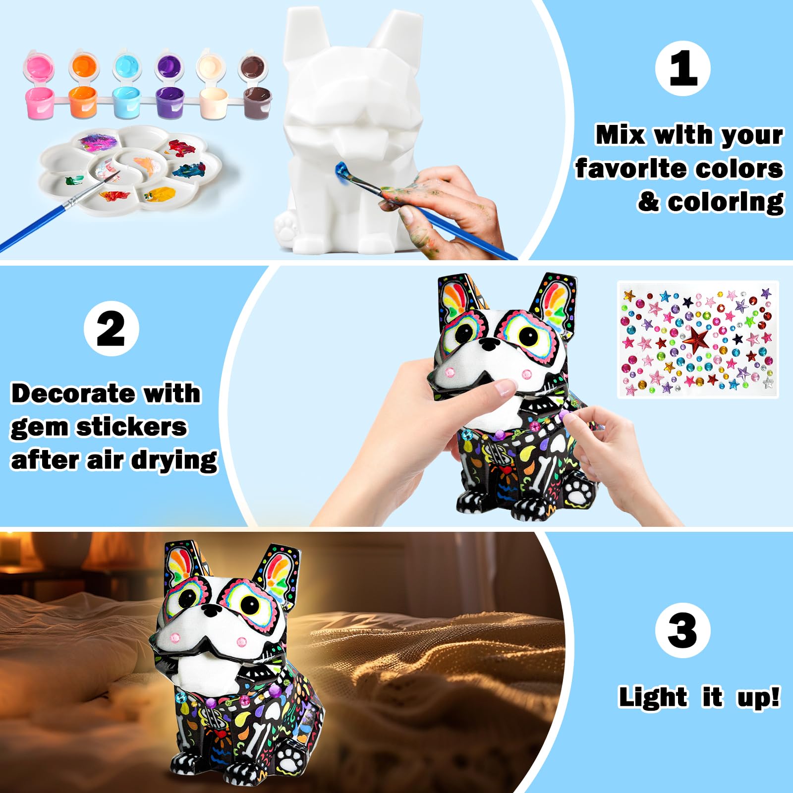 FUNZBO French Bulldog Paintable Night Light - DIY Art Craft Kit for Kids Ages 8-13