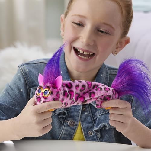 Furby DJ Furblet Kitt-Ee-Luv – Mini Electronic Plush Toy with Stretchable Body, Music & Furbish Sounds, Pink Cheetah Print, for Kids 6+