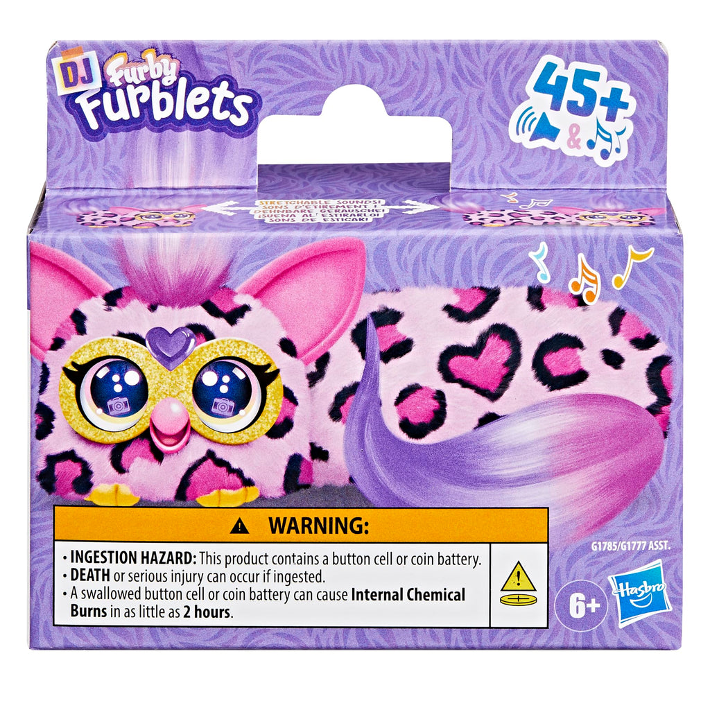 Furby DJ Furblet Kitt-Ee-Luv – Mini Electronic Plush Toy with Stretchable Body, Music & Furbish Sounds, Pink Cheetah Print, for Kids 6+