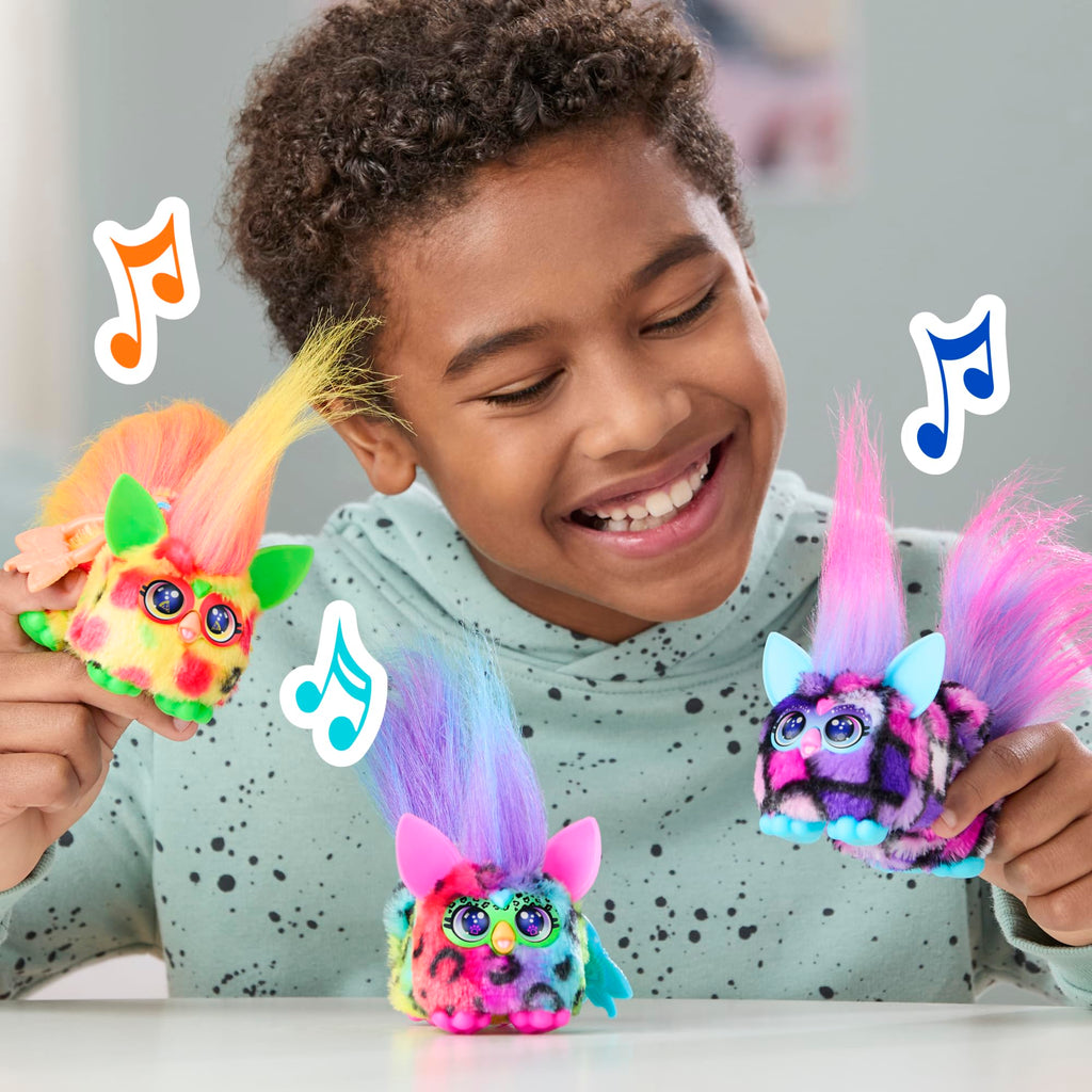 Furby DJ Furblets Rain-Bow-Kat Mini Electronic Plush Toy with Stretchable Sound Effects and Music