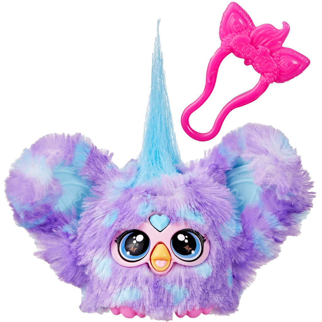 Furby Furblets Groo-Vee Mini Friend: Purple & Blue Plush with Keychain Clip, 45+ Sounds in Furbish, Ages 6+