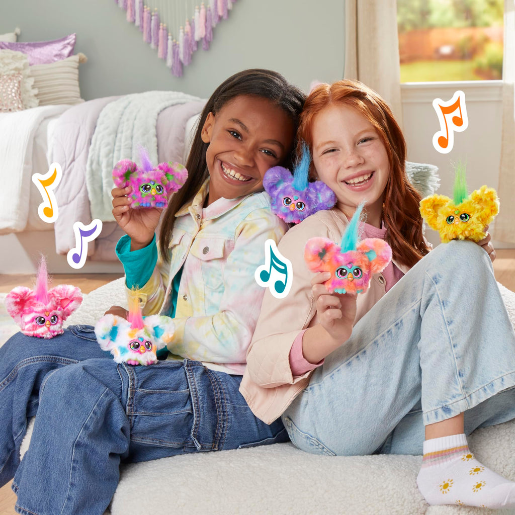 Furby Furblets Groo-Vee Mini Friend: Purple & Blue Plush with Keychain Clip, 45+ Sounds in Furbish, Ages 6+