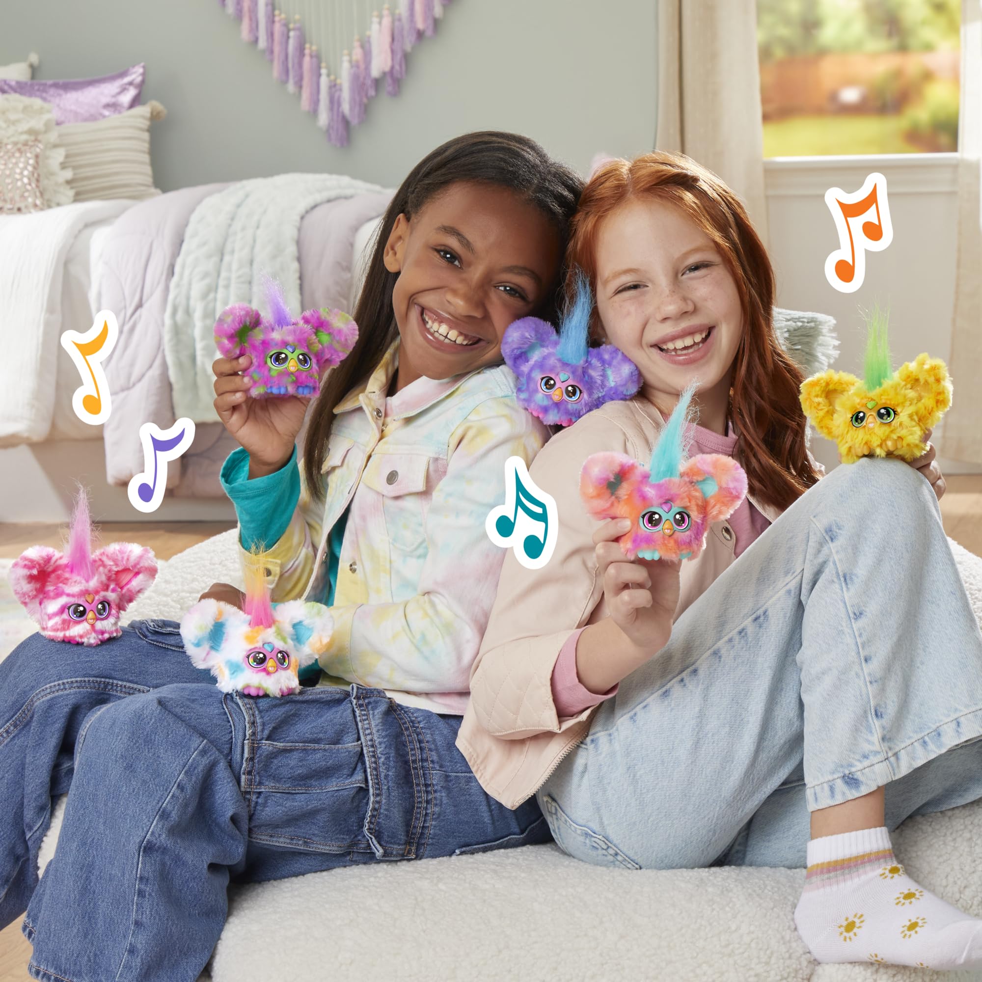 Furby Furblets Groo-Vee Mini Friend: Purple & Blue Plush with Keychain Clip, 45+ Sounds in Furbish, Ages 6+