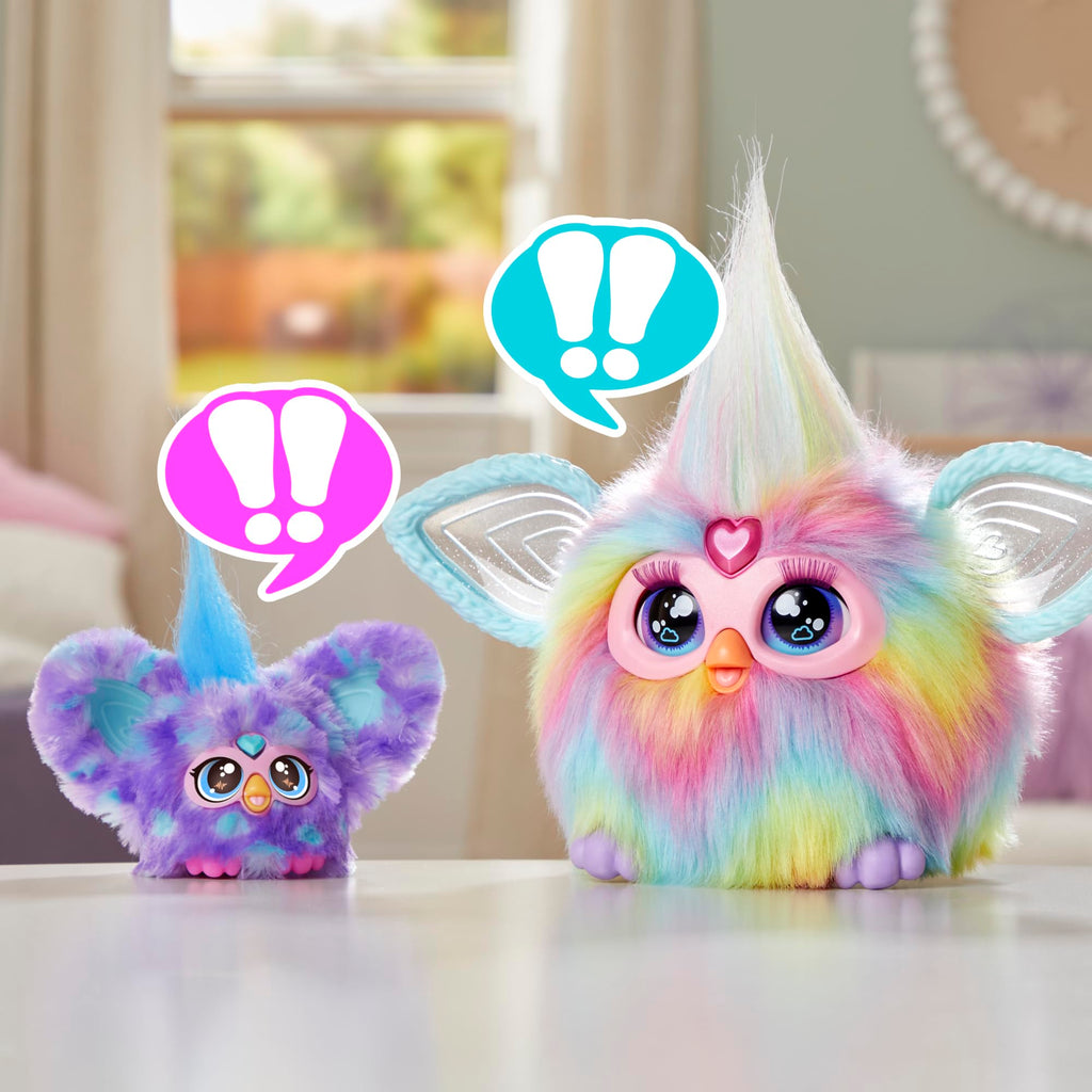 Furby Furblets Groo-Vee Mini Friend: Purple & Blue Plush with Keychain Clip, 45+ Sounds in Furbish, Ages 6+