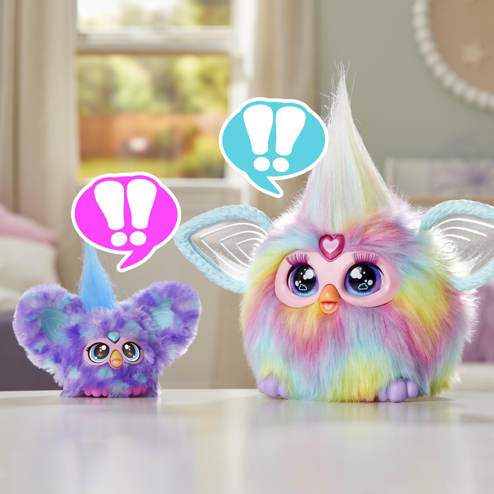 Furby Furblets Groo-Vee Mini Friend: Purple & Blue Plush with Keychain Clip, 45+ Sounds in Furbish, Ages 6+