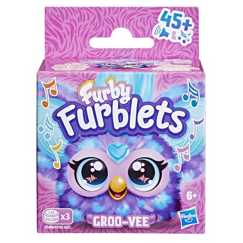 Furby Furblets Groo-Vee Mini Friend: Purple & Blue Plush with Keychain Clip, 45+ Sounds in Furbish, Ages 6+