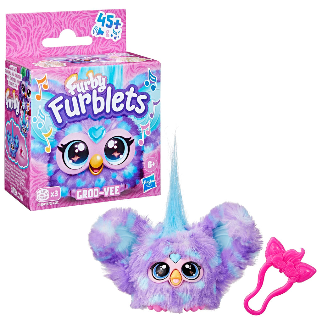 Furby Furblets Groo-Vee Mini Friend: Purple & Blue Plush with Keychain Clip, 45+ Sounds in Furbish, Ages 6+
