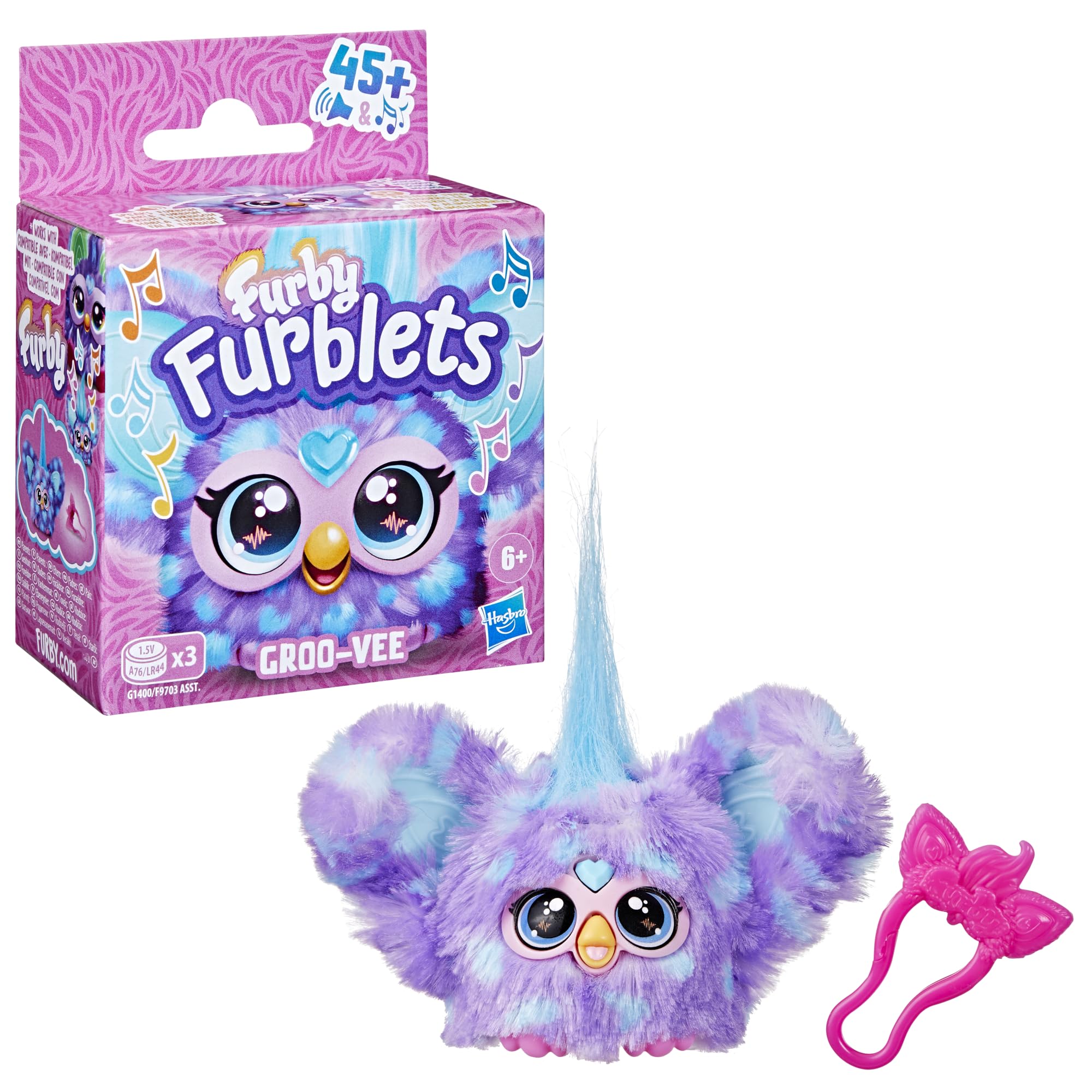Furby Furblets Groo-Vee Mini Friend: Purple & Blue Plush with Keychain Clip, 45+ Sounds in Furbish, Ages 6+
