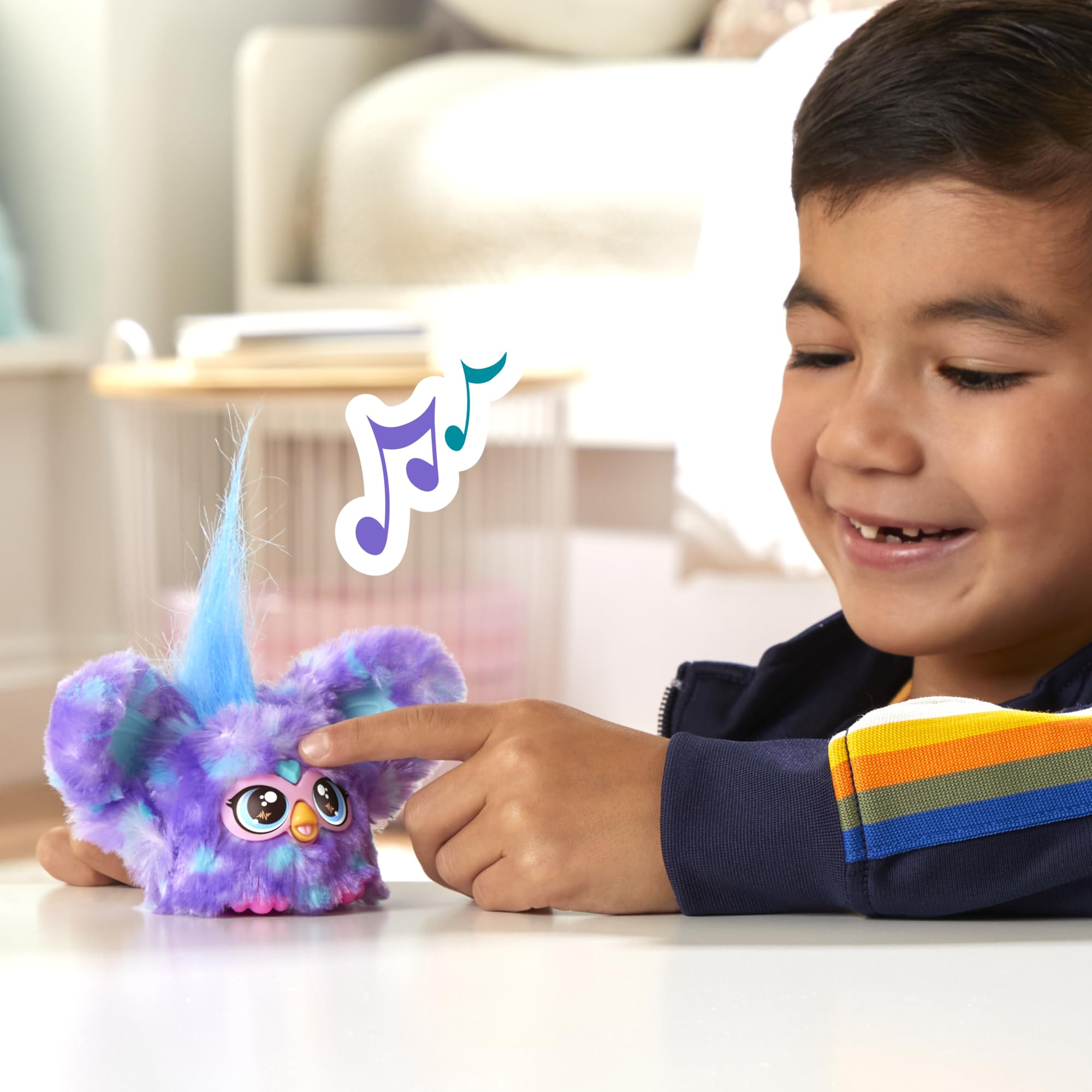 Furby Furblets Groo-Vee Mini Friend: Purple & Blue Plush with Keychain Clip, 45+ Sounds in Furbish, Ages 6+
