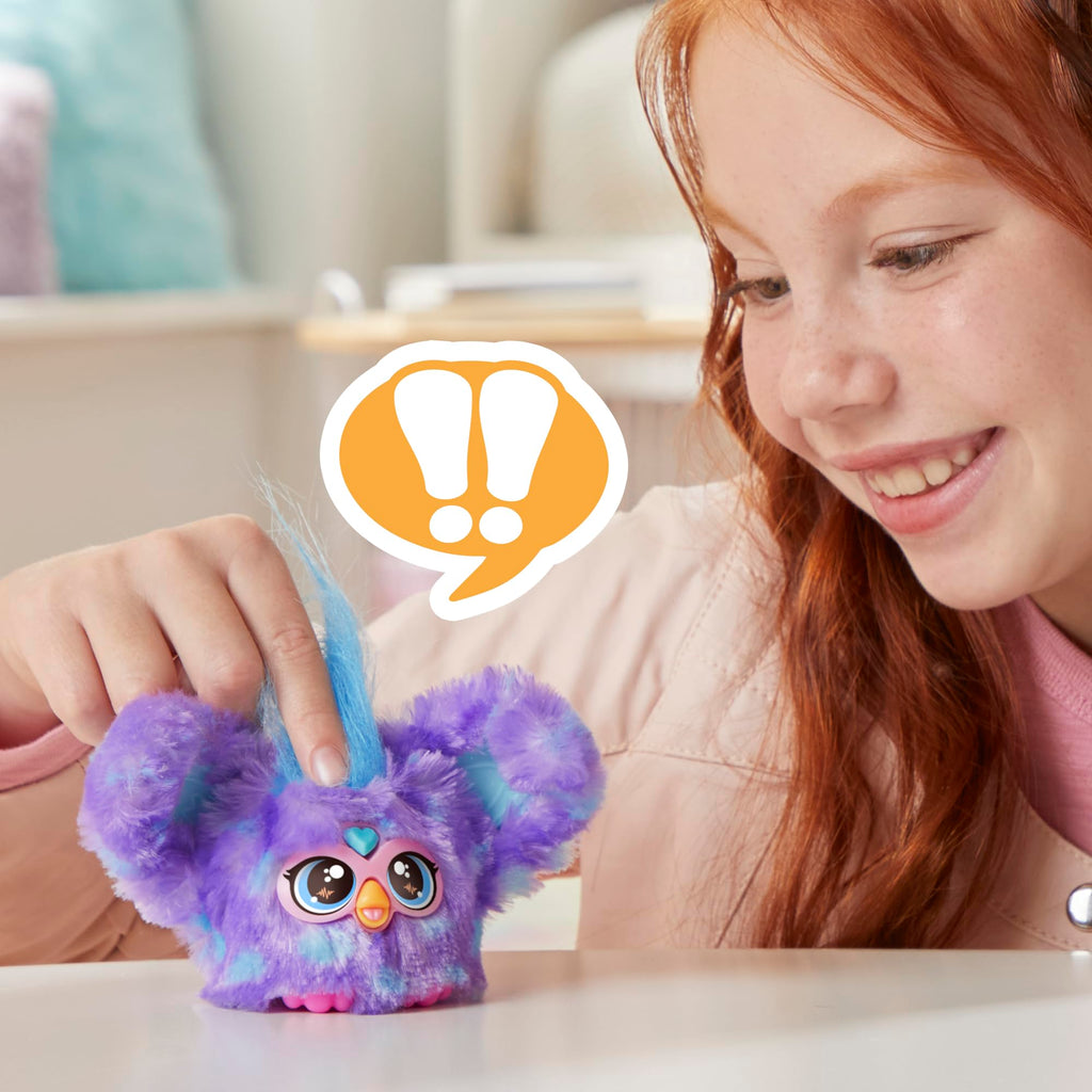 Furby Furblets Groo-Vee Mini Friend: Purple & Blue Plush with Keychain Clip, 45+ Sounds in Furbish, Ages 6+