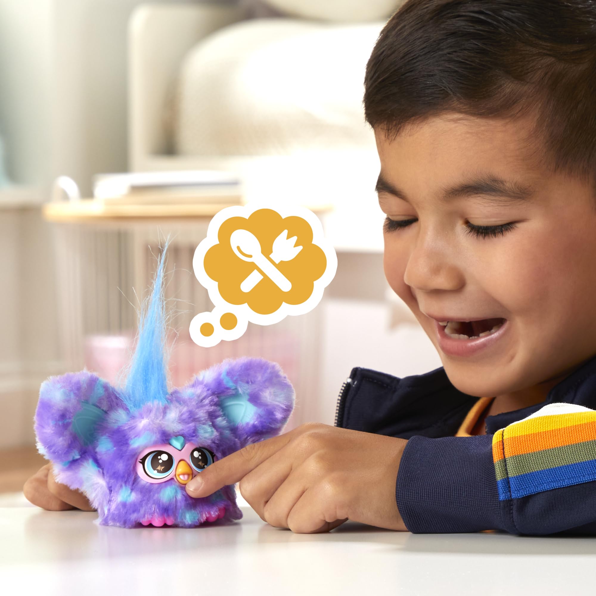 Furby Furblets Groo-Vee Mini Friend: Purple & Blue Plush with Keychain Clip, 45+ Sounds in Furbish, Ages 6+