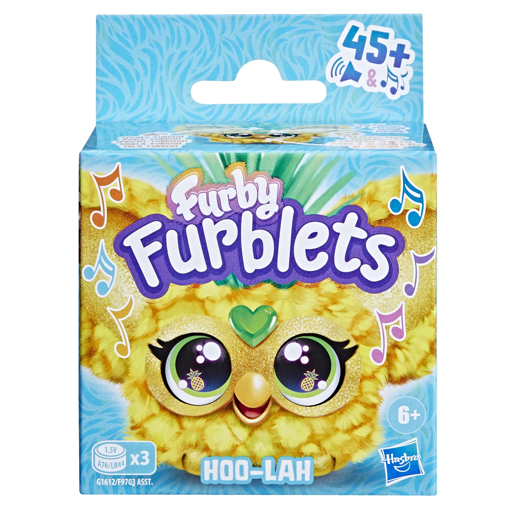 Furby Furblets Hoo-Lah Pineapple Mini Friend – 45+ Sounds, Speaks Furbish, Keychain Clip for Kids Ages 6+