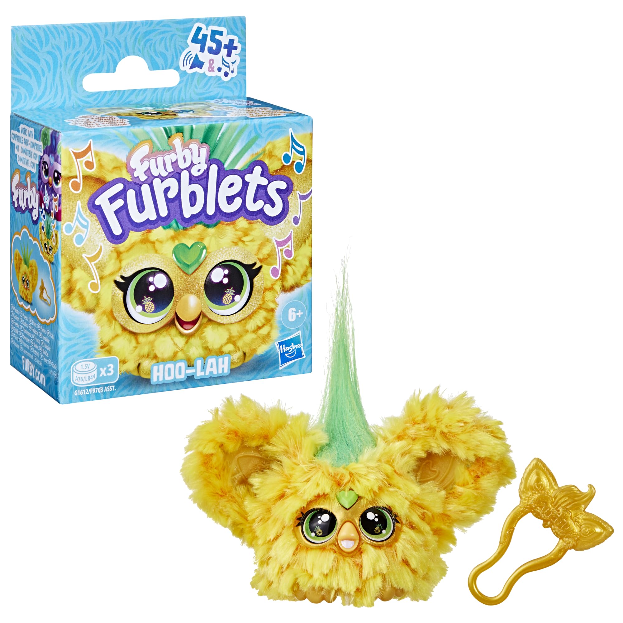 Furby Furblets Hoo-Lah Pineapple Mini Friend – 45+ Sounds, Speaks Furbish, Keychain Clip for Kids Ages 6+