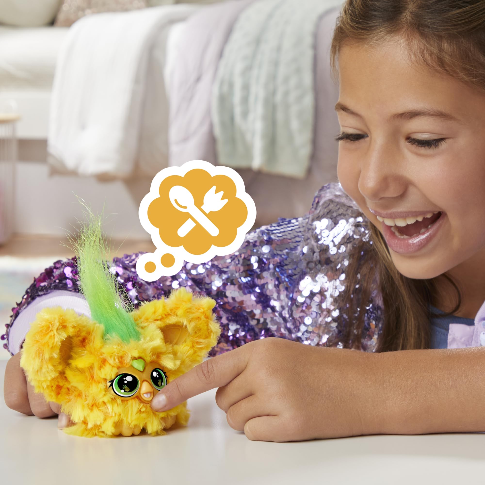Furby Furblets Hoo-Lah Pineapple Mini Friend – 45+ Sounds, Speaks Furbish, Keychain Clip for Kids Ages 6+