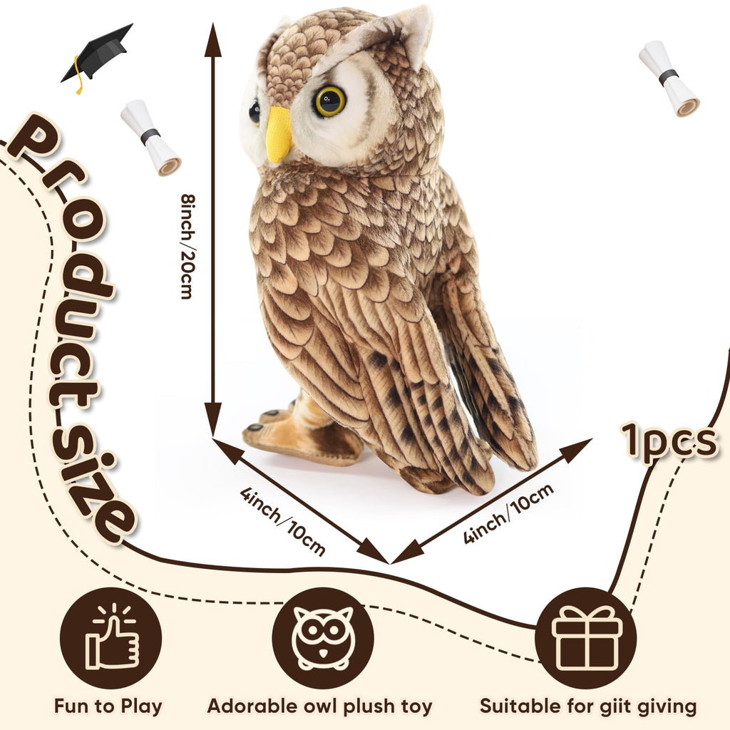 Furvana 8-Inch Realistic Owl Stuffed Animal – Soft Brown Plush Toy for Kids