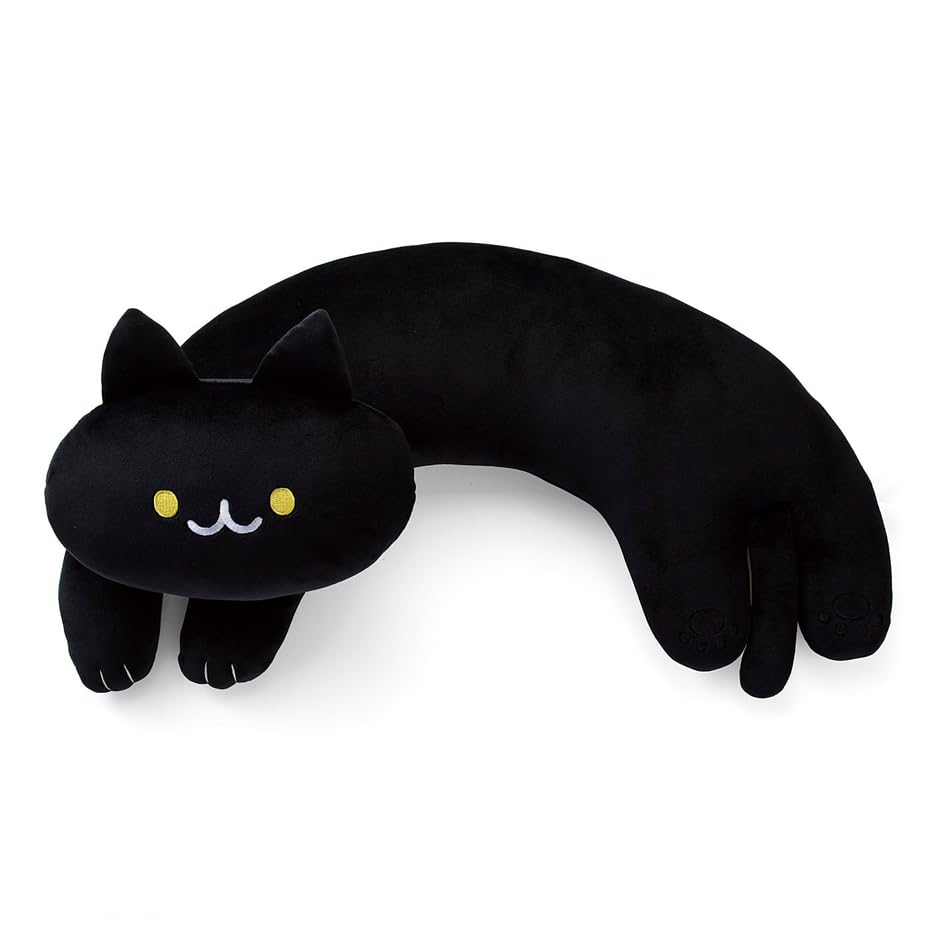 Furvana U-Shaped Cat Plush Pillow – 20" Ultrasoft Stuffed Animal, Black with Patches, Travel Neck Support