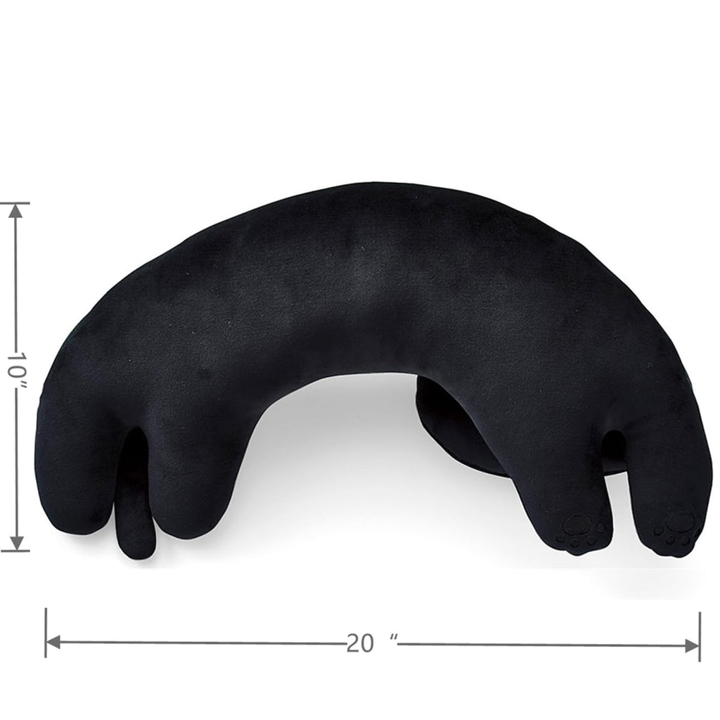 Furvana U-Shaped Cat Plush Pillow – 20" Ultrasoft Stuffed Animal, Black with Patches, Travel Neck Support