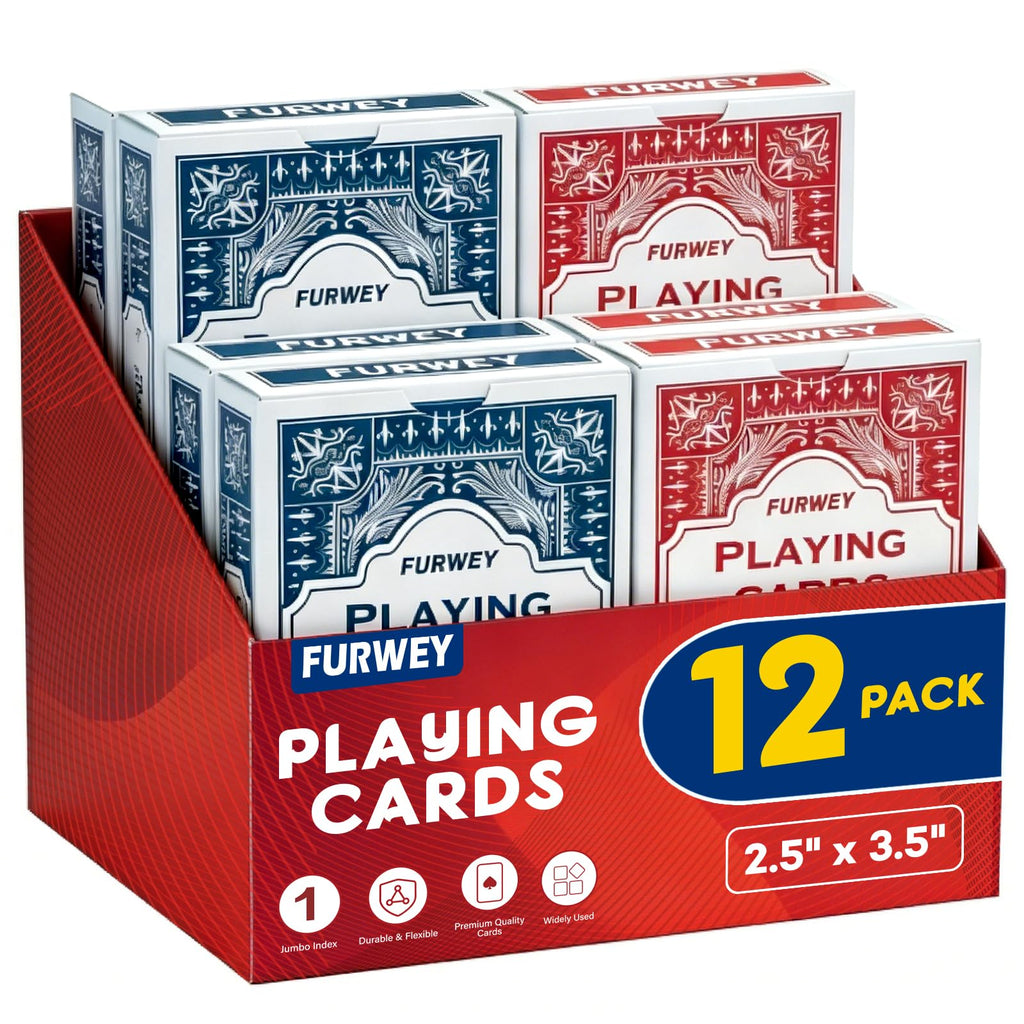 FURWEY 12-Pack Standard Playing Cards – Large Print, Red & Blue Backs for Poker, Blackjack, Euchre, Canasta