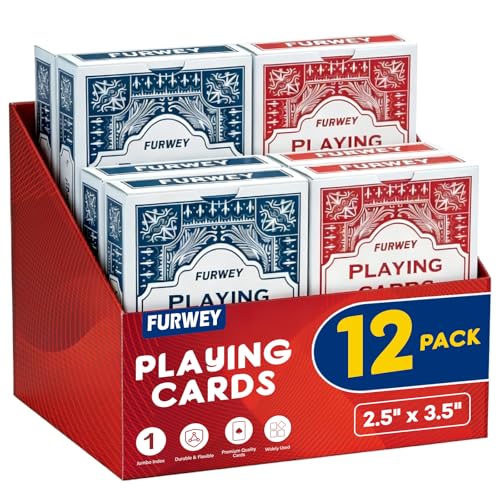 FURWEY 12-Pack Standard Playing Cards – Large Print, Red & Blue Backs for Poker, Blackjack, Euchre, Canasta