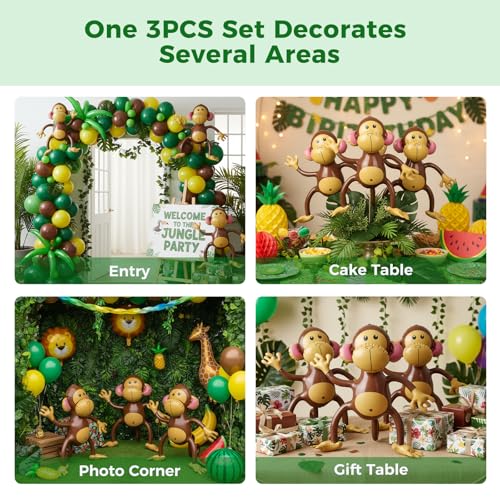 FUTUREPLUSX 3 Pack Inflatable Jungle Monkeys – 20.8" Tall Party Decorations for Jungle Themed Birthdays & Baby Showers