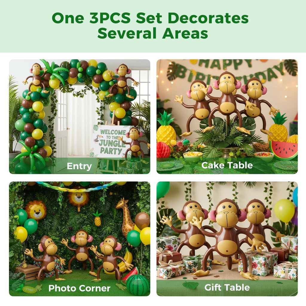 FUTUREPLUSX 3 Pack Inflatable Jungle Monkeys – 20.8" Tall Party Decorations for Jungle Themed Birthdays & Baby Showers