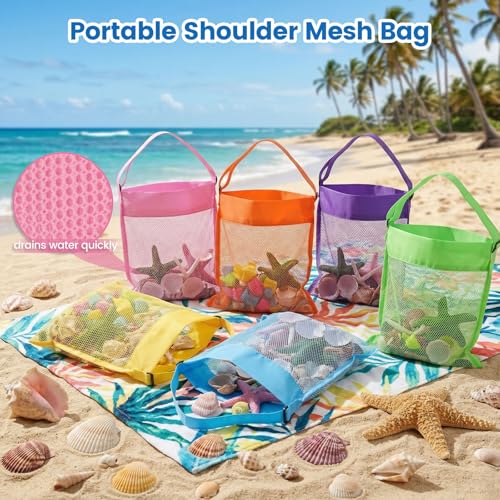 FUTUREPLUSX 6-Pack Mesh Beach Bags for Kids – Colorful Seashell Collecting Bags with Adjustable Strap